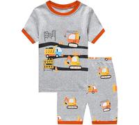 CM-Kid Pyjamas Jungen Kurzarm Kinder Shorty Schlafanzug Set Sommer Baumwolle Nachtwäsche 2 3 Jahre Bagger Grau Gr.98