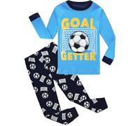 CM-Kid Pyjamas Set Jungen Lang Schlafanzug Kinder Baumwolle Winter Warm Zweiteiliger Nachtwäsche 5 6 Jahre Fußball Blau Gr.116