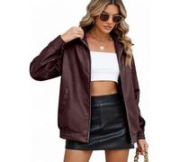 CMTOP Lederjacke Damen Kurz Leicht PU-Kunstleder Jacke, Beiläufig Mode Ledermantel Weiche Übergangsjacke Reißverschluss Bikerjacke Lederjacken mit Taschen für Frühling Herbst Sommer(Purpurrot,M)