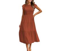CMTOP Sommerkleid Damen Lang Kleider Sommer Casual Flatterärmel Strandkleid Rüschen Gerüschte Maxikleid Rundhals Elastische Taille Sommerkleider Knielang Gestuftes A Linien Kleid(Rot,M)