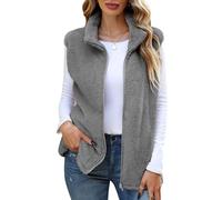 CMTOP Teddy Fleece Weste Damen Herbst Winter Plüsch Ärmellos Weste Kurze mit Stehkragen Leicht Casual Damen-westen Bequem Weich Übergangsjacke Wärme Fleeceweste Reißverschluss(Grau, L)
