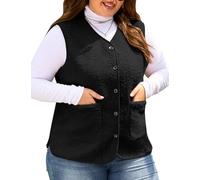 CMTOP Teddy Weste Damen Grosse Grössen Kurz Leicht Damen-Westen, Einfarbig Casual Fleeceweste Bequem Wärme Plüschweste Herbst Winter V-Ausschnitt Ärmellos Jacke mit Knöpfen, Taschen(Schwarz,XL)