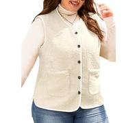 CMTOP Teddy Weste Damen Grosse Grössen Kurz Leicht Damen-Westen, Einfarbig Casual Fleeceweste Bequem Wärme Plüschweste Herbst Winter V-Ausschnitt Ärmellos Jacke mit Knöpfen, Taschen(Beige,XL)