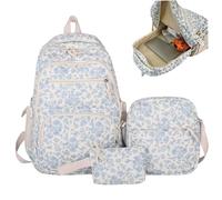 CNAFGBGG 3pcs/Set Flower -Rucksack für Frauen Girls, Kawaii ästhetischer Blumenrucksack mit mittlerer Messengerbeutel und kleine Tasche für Schule, Reisen, Camping, Blau