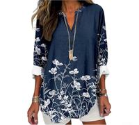 CNANRNANC Bluse Damen Langarm V-Ausschnitt 3D Blumenprint Oversized für Freizeit Hemdbluse mit Tasche für Büro Urlaub S-4XL