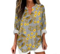 CNANRNANC Bluse Damen Langarm V-Ausschnitt 3D Blumenprint Oversized für Freizeit Hemdbluse mit Tasche für Büro Urlaub S-4XL
