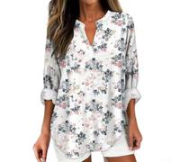 CNANRNANC Bluse Damen Langarm V-Ausschnitt 3D Blumenprint Oversized für Freizeit Hemdbluse mit Tasche für Büro Urlaub S-4XL