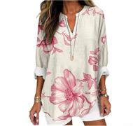 CNANRNANC Bluse Damen Langarm V-Ausschnitt 3D Blumenprint Oversized für Freizeit Hemdbluse mit Tasche für Büro Urlaub S-4XL