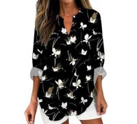 CNANRNANC Bluse Damen Langarm V-Ausschnitt 3D Blumenprint Oversized für Freizeit Hemdbluse mit Tasche für Büro Urlaub S-4XL