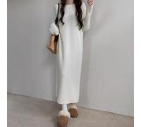 CNANRNANC Gestricktes Midikleid Damen Langarm Einfarbig Elastisch