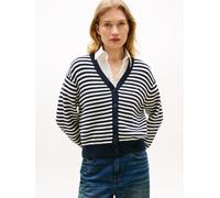 Strickpullover TOMMY HILFIGER "CO CARDI LS CARDI", Damen, Gr. L (42/44), fine stp ivory pet, schwarz n navy, Strick, Obermaterial: 100% Baumwolle, gestreift, regular fit, V-Ausschnitt, Pullover Strick