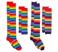 COACOM 2 Paar Farbenfrohe Gestreifte Socken Und 2 Paar Farbenfrohe Streifenhandschuhe, Stilvolle Persönlichkeitshandschuhe, Kleidungszubehör, Elastische Und Komfortable Socken.