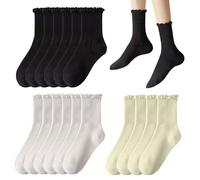 COACOM 8 Paar Damen Rüschensocken, plissierte Baumwollsocken, süße Florsocken, elastische Mittelwadensocken (schwarz, weiß, milchig weiß)