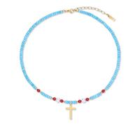 COAI Blaue Türkis Perlenkette mit Kreuz Anhänger aus echten Perlen und roter Korallenjade für Damen Frauen