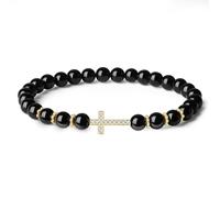 COAI Damen Armband mit schwarzer Turmalin Perlen und Kreuzanhänger M, Kreuz Armband Damen