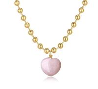 COAI Damen Halskette mit Herzanhänger aus echtem Rosenquarz und goldfarbener Edelstahl-Kugelkette