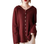 COALHO Cashmere Cardigan Sweaters for Women Hoodie V-Neck Wool Long Sleeve Solid Button Loose Casual.Knitted Cashmere Sweater (Sauce red,XXL)