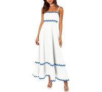 COALHO Spaghetti Strap Dresses for Women 2024 Summer Beach Color Block Smocked Tiered Skirt Maxi Dresses (Blue + White-07,L)
