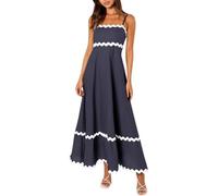 COALHO Spaghetti Strap Dresses for Women 2024 Summer Beach Color Block Smocked Tiered Skirt Maxi Dresses (Indigo-04,M)
