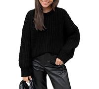 COALHO Women's Crewneck Oversized Cropped Fall Long Sleeve Knit Pullover Sweater Top (Black,XL)