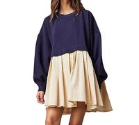 COALHO Womens Oversized Sweatshirt Dress Long Sleeve Crewneck Pullover Tops Relaxed Fit Sweatshirts Mini Dress (Navy Blue and Khaki,M)