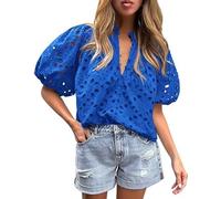 COALHO Women's Summer Tops Dressy Casual Hollow Out Embroidered Blouse Short Lantern Sleeve V Neck Buttons Shirts (Blue,L)