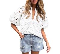 COALHO Women's Summer Tops Dressy Casual Hollow Out Embroidered Blouse Short Lantern Sleeve V Neck Buttons Shirts (White,S)