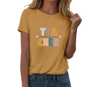Cocila Basic Shirt Damen Langarmshirts Für Kurzarmshirt „Happy First Day of School“-Shirt Outfit Bedrucktes Lehrer-T-Shirt Lässiges O-Ausschnitt-Top T Batik (Khaki, XL) Blusen Sommer Leinenhemd