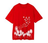 Cocila Basic Shirt Damen Langarmshirts Für Oberteile T Kurzarm Bluse Mit Rundhals Bunt Blumen Print Tee Tops Pullover Teenager Mädchen Pulli Tunika Freizeit Shirts Longbluse (Red, S) Leinenbluse