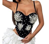 Cocila Basic Top Damen Korsett-Top, Bustier, Eng Anliegendes Korsett-Tanktop, Trägertop, Einfarbig, Kurz Bauchfrei (Black, L) Tops Tanktop Schwarz Mit Spaghettiträger Schwarzes Sommer Weiss Weiß