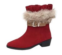Cocila Damen Boots Mit Rüschenrand Schnallenriemen Blockabsatz Absatz Warme | Winterstiefeletten Ohne Modische Kurze Stiefeletten für Kaltes Wetter Schneestiefel Wide Calf Women Cowboystiefel Elegante