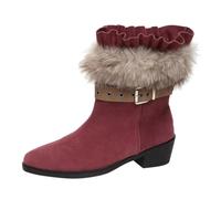 Cocila Damen Boots Mit Rüschenrand Schnallenriemen Blockabsatz Absatz Warme | Winterstiefeletten Ohne Modische Kurze Stiefeletten für Kaltes Wetter Schneestiefel Wide Calf Women Cowboystiefel Elegante