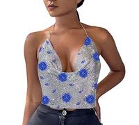 Cocila Damen Cami Tank Top Frauen-Druck-Ketten-Reizvolle Kleidung, Die Justierbare Ärmellose Rückenfreie Neckholder-Crop-Top-Verein-Weinlese-Trägershirts Bördelt Glitzer (F, L) Spaghetti Weiß