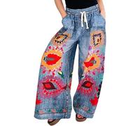 Cocila Damen Jeans-Hose Fließende Grafische Hose Trendy Urlaub Strand Sommerhose 2026 Mit Weitem Bein Anzughose Hoher Taille Jeanshosen Schwarz (Blue S) High Waist Jeanshose Stretch Slim Fit