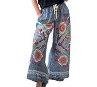 Cocila Damen Jeans-Hose Fließende Grafische Hose Trendy Urlaub Strand Sommerhose 2026 Mit Weitem Bein Anzughose Hoher Taille Jeanshosen Schwarz (Dark Blue S) Petite Jeans Schwarze Hosen Für