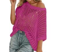 Cocila Damen Sommer Kurz Häkel Tshirt Boho Hippie Hollow Out Strick Pullover Top Cover Up Strand Bluse Sexy Party Club Strand Bikini Oberteil Fledermausärmel Leichte Strickpulli