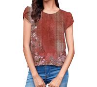 Cocila Damen T Shirt 3/4 Arm Rundhals Bluse Damen-Oberteile, Lässig, Rundhalsausschnitt, Plissierte Chiffon-Bluse Mit Rüschenärmeln Kostüm (Red, M) Leinenblusen Kaschierende Oberteile Oberteil