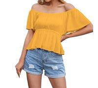 Cocila Damen T Shirt 3/4 Arm Rundhals Bluse Off The Shoulder T-Shirt Kurzarm Tops Crop 2 Teiler Set (Yellow, XL) Sommer Sommerbluse Elegant Tunika Große Größen Leinen Blusen Boho Schlupfbluse