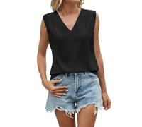 Cocila Damen Tank Top Elegant Damen-Tanktops, Ärmellose Chiffonblusen Mit Falten Und V-Ausschnitt, Freizeittop, Basic-T-Shirt Für Arbeit Business Weiße Poloshirts (Black, M) Sexy Schwarzes