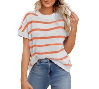 Cocila Leinenbluse Damen Elegante 3/4 Arm Rüschenbluse Gestreifte Flügelärmeln Pullover Westen Rundhals Stricktop Rückenfrei (Orange, L) Bluse Leinenhemd Für Leinen Oberteil Sommer Boho Mit
