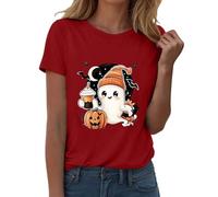 Cocila Leinenbluse Damen Elegante 3/4 Arm Rüschenbluse Halloween T-Shirt Kurzarm Grafik Rundhalsausschnitt Tops Gedruckt Casual Shirts 2025 Gelbes Top (Red, XL) Leinen Shirt Sommerbluse Elegant
