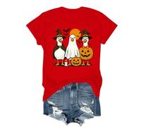 Cocila Leinenbluse Damen Elegante 3/4 Arm Rüschenbluse Tops Bedruckte Rundhalsausschnitt Kurzarm Blusen Bluse T-Shirt Top Sexy (Red, XXL) Blusenshirt Shirts Sommer Tunika Leinen Country Kleidung