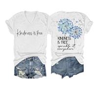 Cocila Leinenbluse Damen Langarm Sommer V Ausschnitt Tshirt Retro-T-Shirt „Kindness is Sprinkle It Everywhere“ Print-T-Shirt Lässiges T-Shirt Mit V-Ausschnitt Sommeroutfit (White, XXXL) Leichte