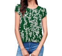 Cocila Musselin Bluse Damen Boho Boho-Oberteile Damen-Oberteile, Lässig, Rundhalsausschnitt, Plissierte Chiffon-Bluse Mit Rüschenärmeln Leggings Totenkopf (Green, XL) Blusenshirt 3/4 Arm
