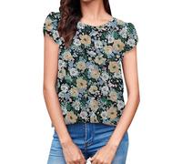 Cocila Musselin Bluse Damen Boho Boho-Oberteile Damen-Oberteile, Lässig, Rundhalsausschnitt, Plissierte Chiffon-Bluse Mit Rüschenärmeln Leggings Totenkopf (Beige, M) Leinenbluse Schlupfbluse 3/4