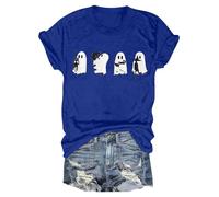 Cocila Musselin Bluse Damen Boho Boho-Oberteile Damen-T-Shirt Mit Halloween-Print, Rundhalsausschnitt, Kurzärmelig, Lässiges Oberteil Engel Flügel Schwarz (Blue, XXXL) Tunika Sommer Oversize
