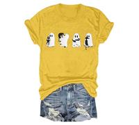 Cocila Musselin Bluse Damen Boho Boho-Oberteile Damen-T-Shirt Mit Halloween-Print, Rundhalsausschnitt, Kurzärmelig, Lässiges Oberteil Engel Flügel Schwarz (Yellow, XXXL) Damenmode Sommer 2026