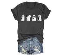 Cocila Musselin Bluse Damen Boho Boho-Oberteile Damen-T-Shirt Mit Halloween-Print, Rundhalsausschnitt, Kurzärmelig, Lässiges Oberteil Engel Flügel Schwarz (Grey, XXXL) Oversize Lang Tunika