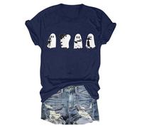 Cocila Musselin Bluse Damen Boho Boho-Oberteile Damen-T-Shirt Mit Halloween-Print, Rundhalsausschnitt, Kurzärmelig, Lässiges Oberteil Engel Flügel Schwarz (Navy, XXL) Kaschierende Oberteile
