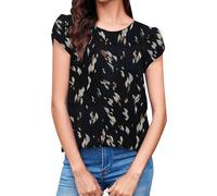 Cocila Oberteile 3/4 Arm Sommer T-Shirt Damen-Oberteile, Lässig, Rundhalsausschnitt, Plissierte Chiffon-Bluse Mit Rüschenärmeln Damen Pullover Schwarz Elegant (Navy, M) Sommerbluse Bluse